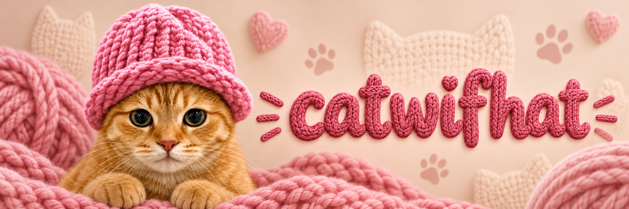 catwifhat knitted yarn banner with the ginger cat in a pink beanie